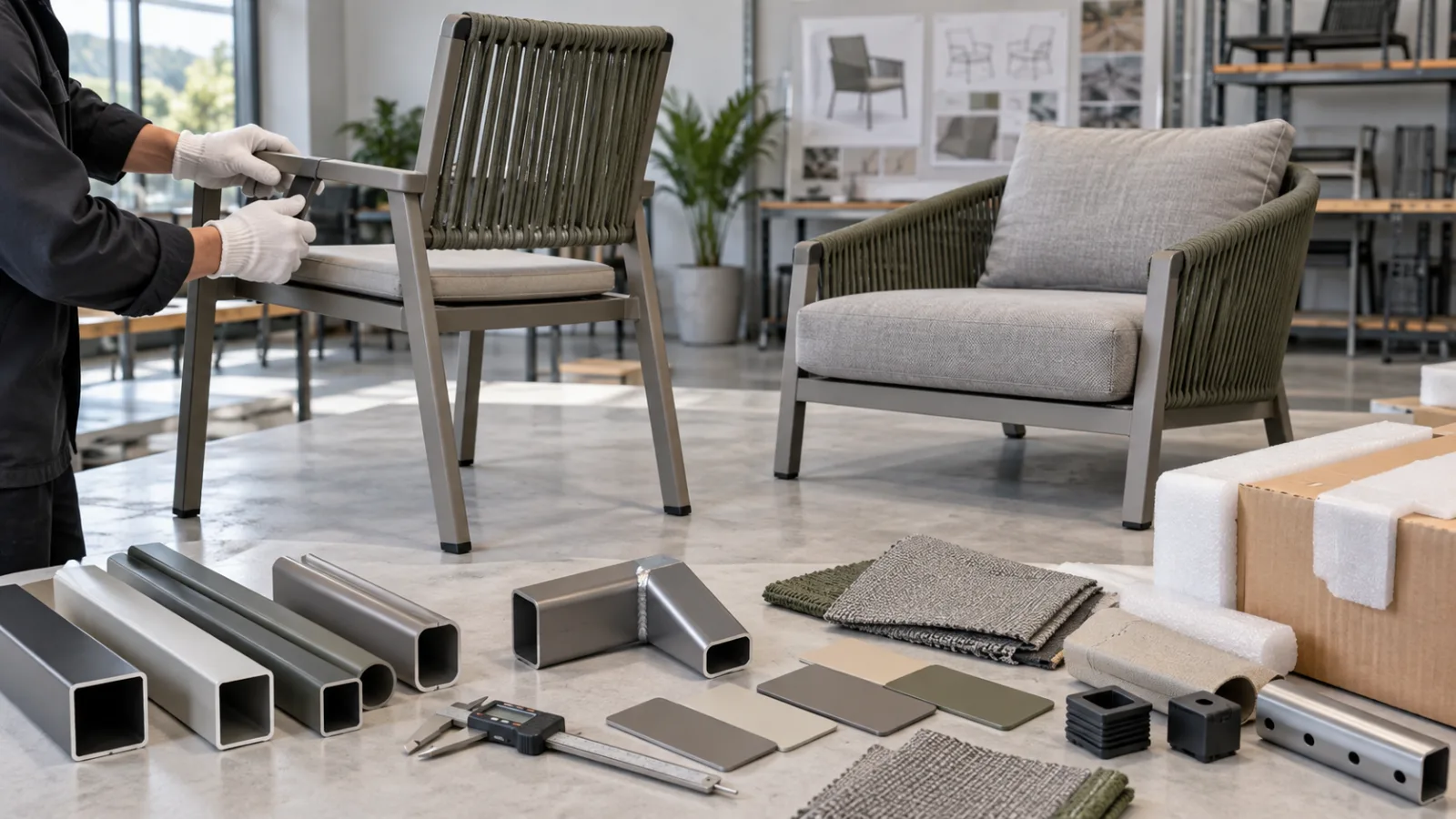 Illustrative aluminum outdoor furniture manufacturer review with chair frames, tube sections, weld sample, powder-coat chips and packing protection