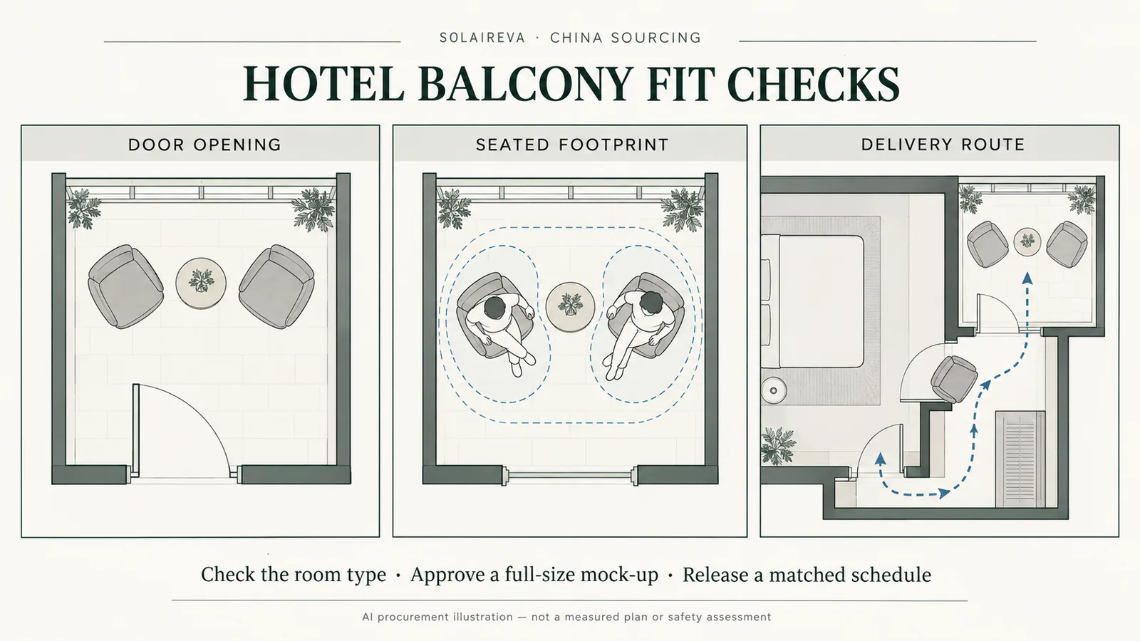 AI hotel balcony planning illustration showing a door swing, occupied chair-table space and a bedroom-to-balcony furniture delivery route