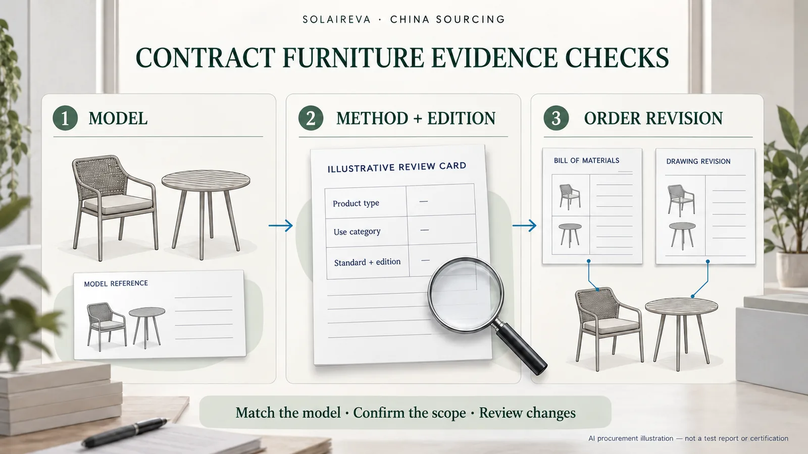 AI procurement illustration linking generic outdoor chair and table models, an illustrative method-and-edition review card, and bill-of-materials and drawing revisions