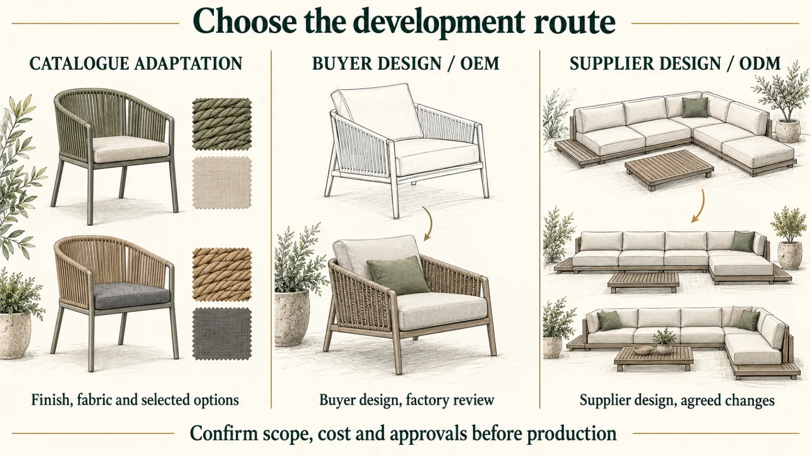 Educational comparison of catalogue adaptation, buyer-design OEM and supplier-design ODM outdoor furniture routes, with chair and sofa concept illustrations