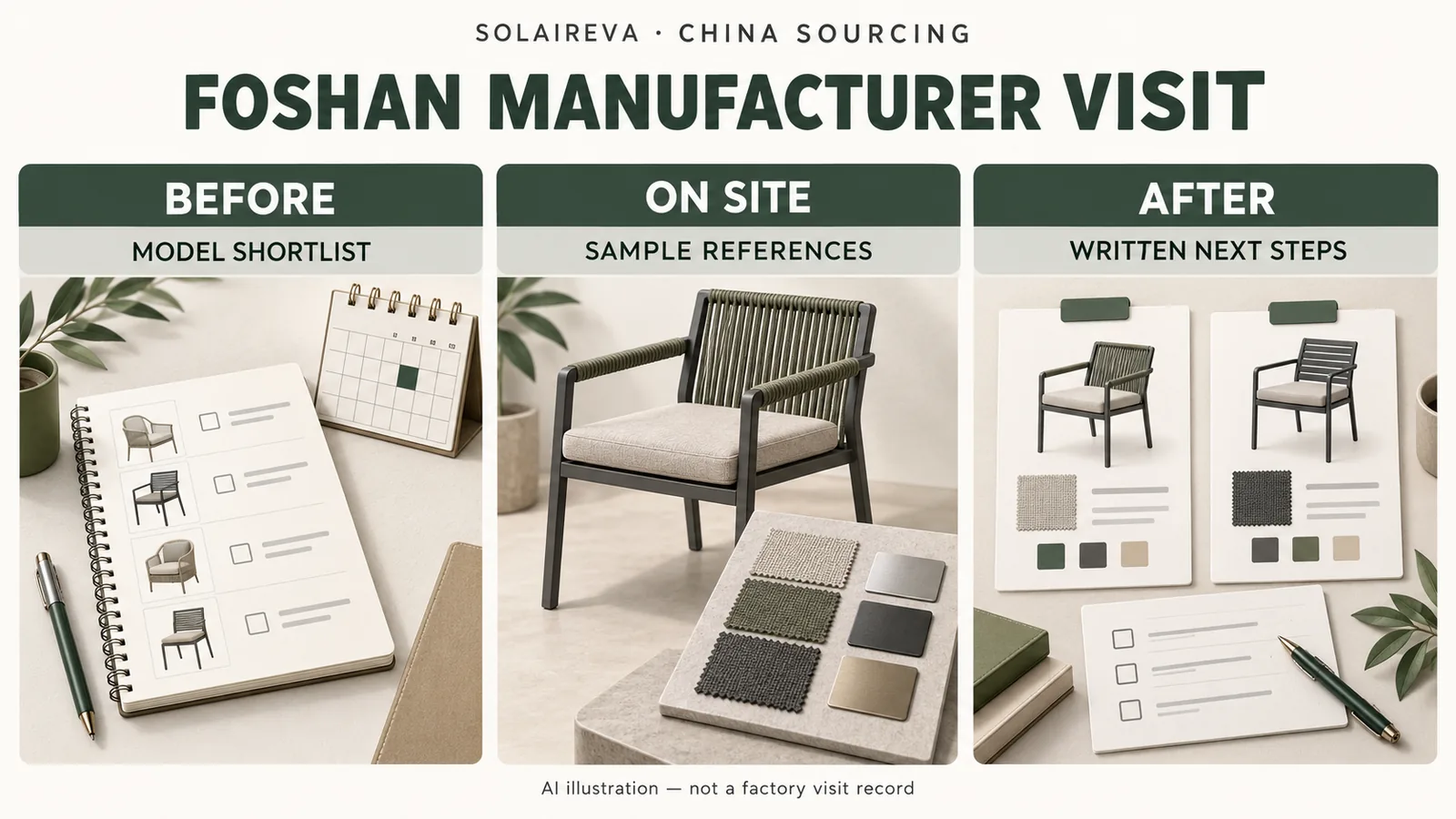 AI illustration showing a model shortlist before a Foshan visit, a generic chair with material references on site, and written configuration cards afterwards