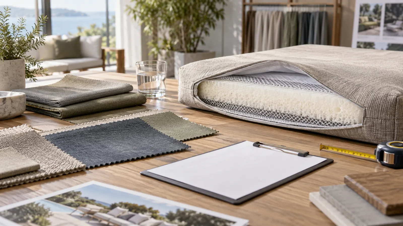 Illustrative cushion sample review with outdoor fabric swatches, foam section and blank specification sheet