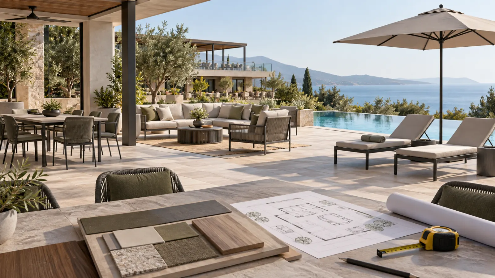 Illustrative resort terrace with coordinated dining, lounge and pool furniture zones plus a planning board