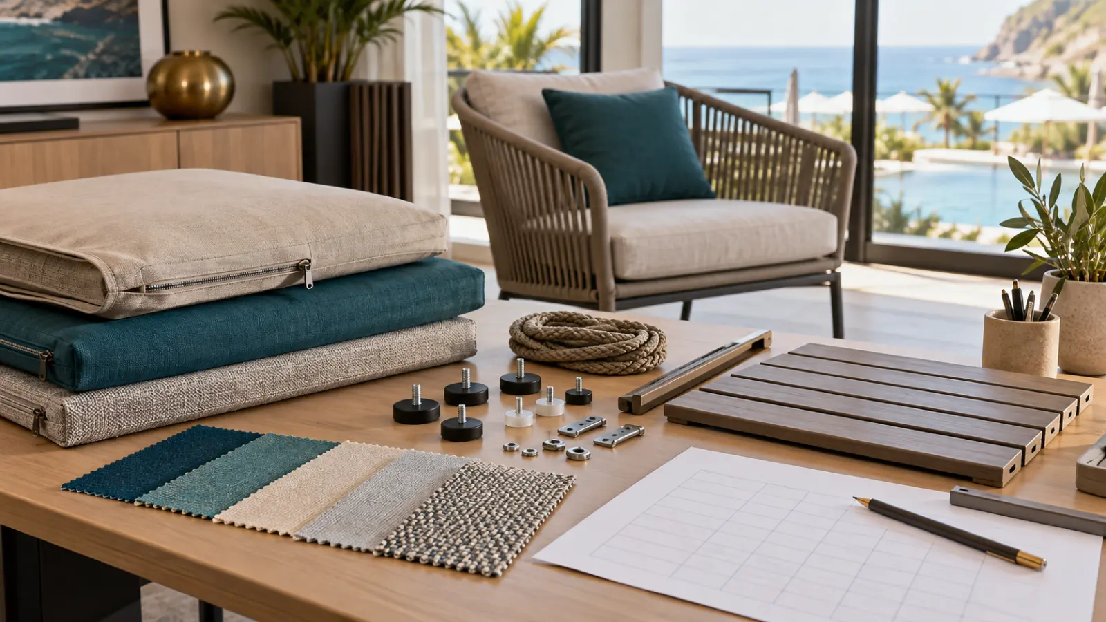 Illustrative replacement-planning scene with outdoor chair, cushion covers, fabric swatches, glides, fasteners and parts schedule
