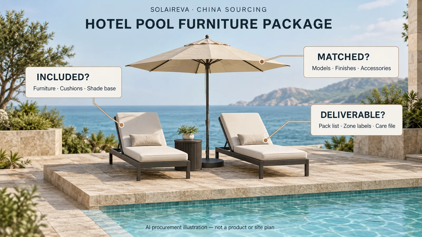 AI pool furniture package illustration linking generic loungers, table and umbrella to included accessories, model matching and receiving records