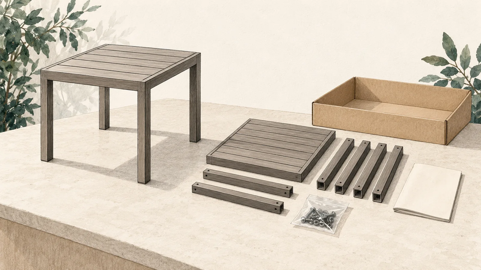 AI editorial illustration comparing a generic assembled side table with separate table parts, a hardware pouch, a blank booklet and an open carton