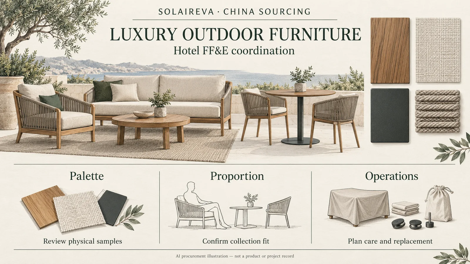 AI procurement coordination board with generic outdoor lounge and dining furniture, material swatches and palette, proportion and operations checks