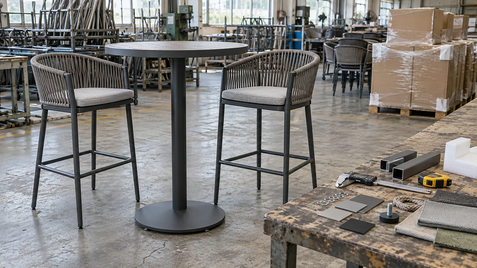 Outdoor bar furniture factory inspection with high table and stools, footrests, glides, measuring tools, material samples and packing protection