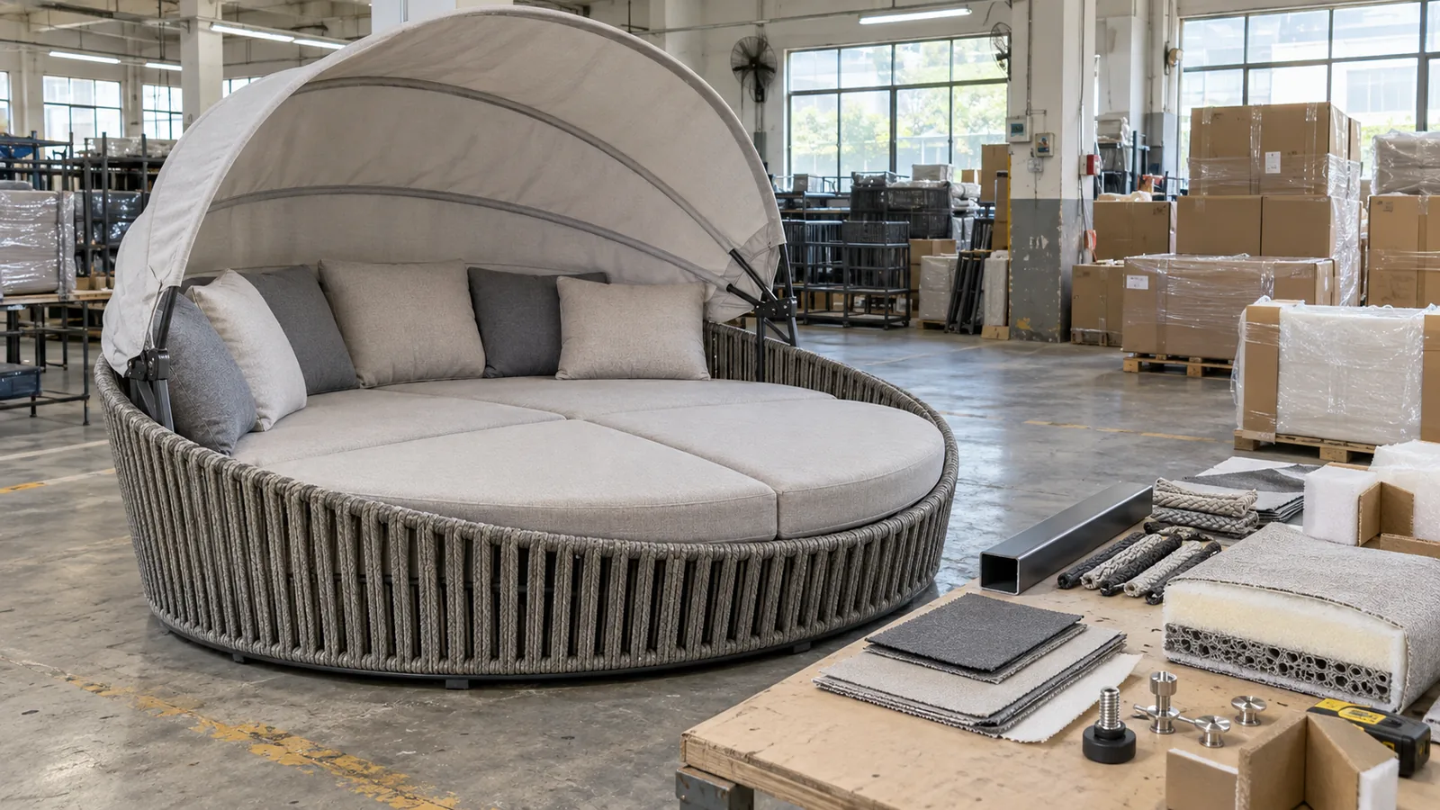 Outdoor daybed manufacturer inspection with round frame, adjustable canopy, cushion drainage section, rope and fabric samples, hardware and export packing