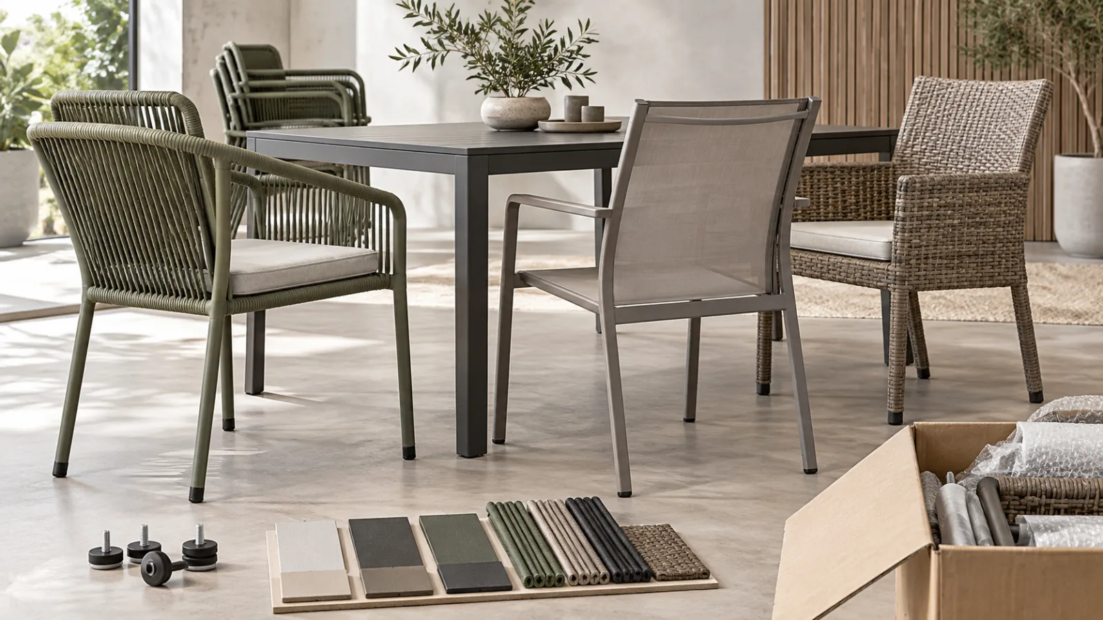 Illustrative China outdoor dining chair manufacturer review with rope, sling and woven chairs, finish samples, glides and export packing