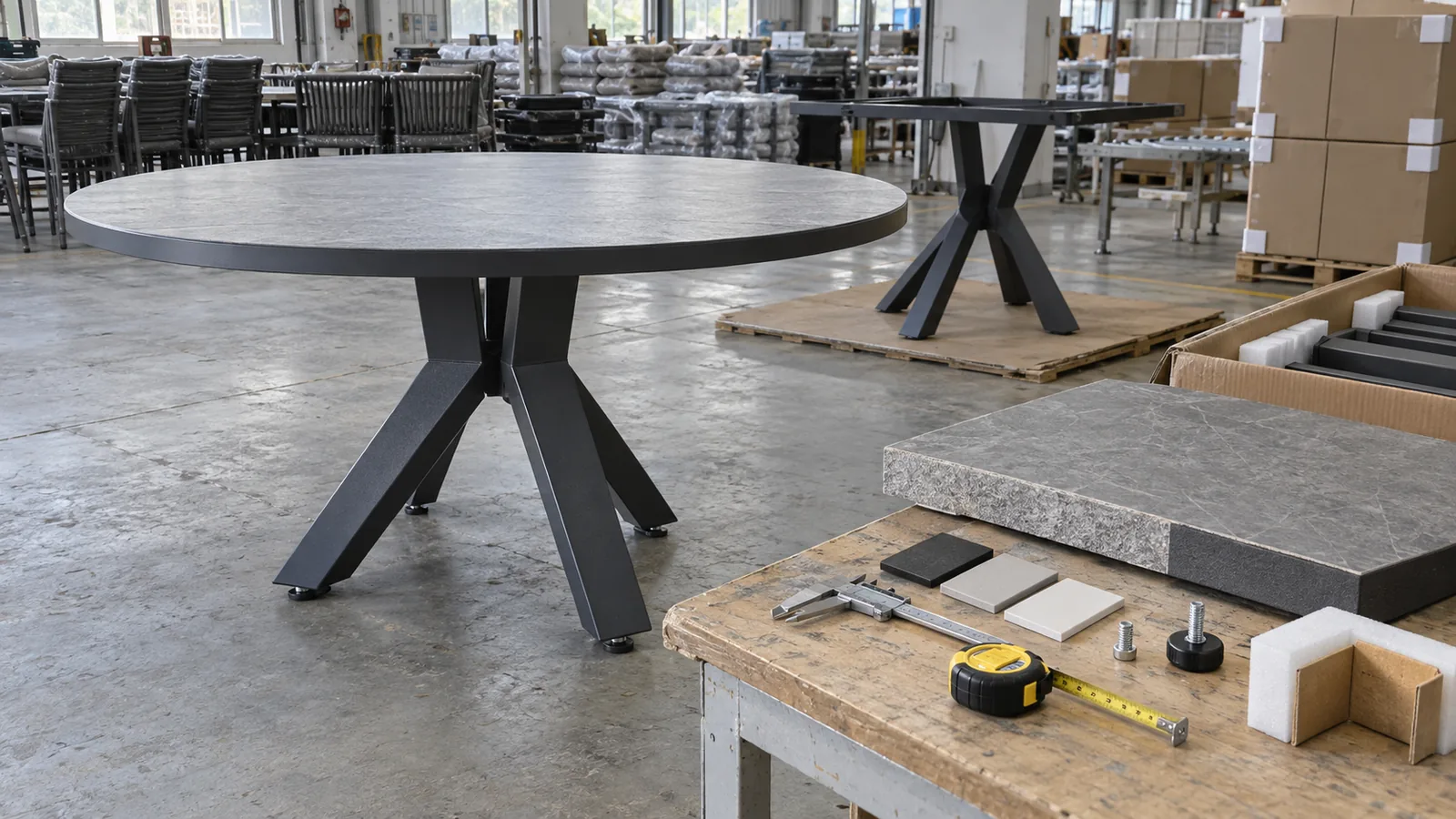 Outdoor dining table factory evaluation with tabletop edge sample, pedestal base, glides, caliper, tape measure and packing protection