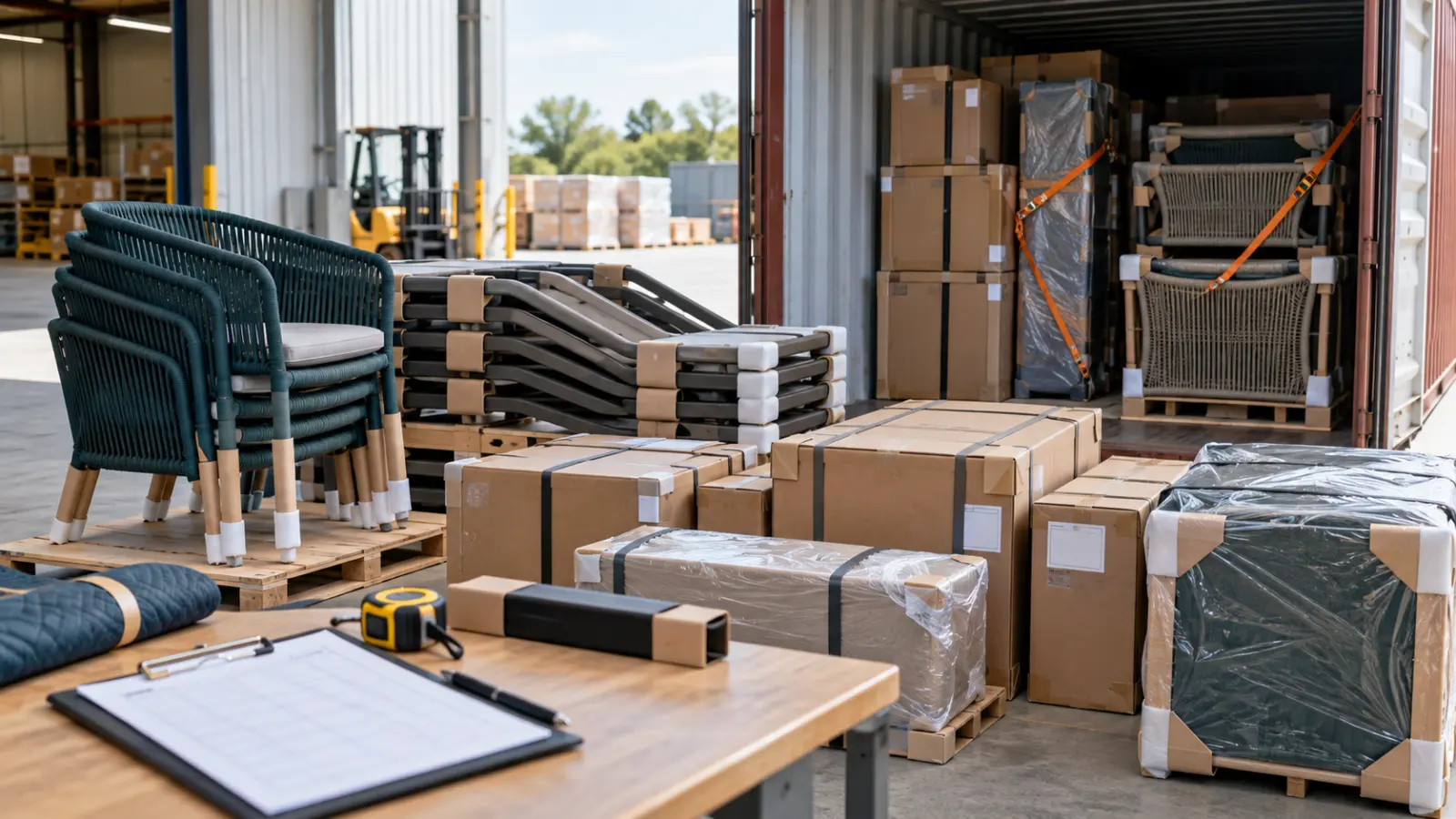 Illustrative export loading bay with protected outdoor furniture cartons, nested chairs, container and planning clipboard