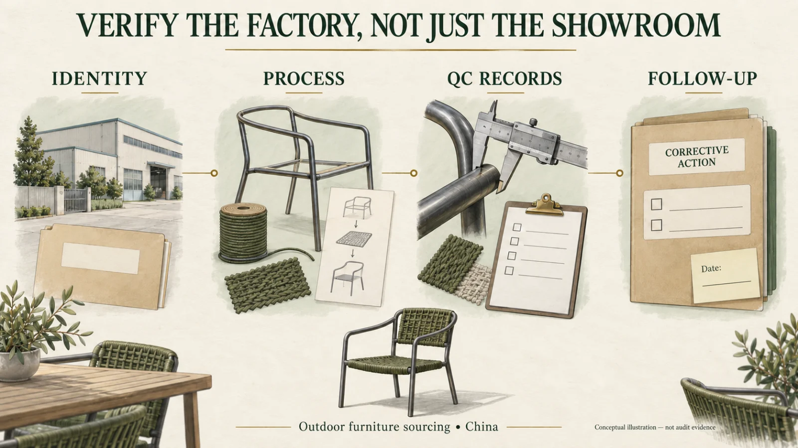 Conceptual outdoor furniture supplier review linking company identity, chair production processes, quality-control records and corrective-action follow-up