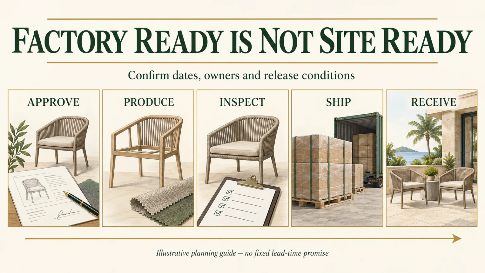 Conceptual outdoor furniture timeline with approval sample, production frame, inspection checklist, shipping cartons and furniture received at a terrace