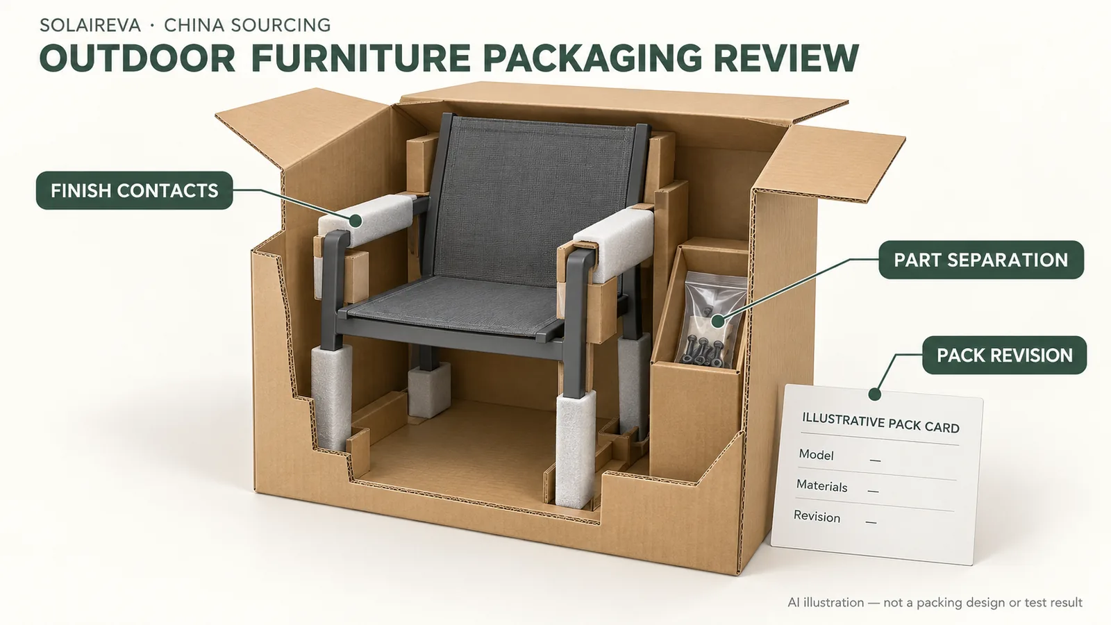 AI conceptual outdoor chair packaging illustration showing protected finish contacts, a separate parts area and an illustrative pack revision card