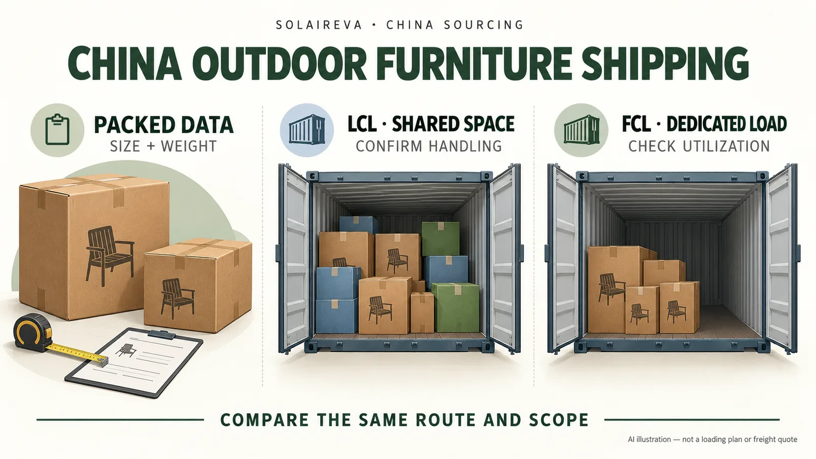 AI procurement illustration of packed furniture data, mixed-colour cartons in conceptual LCL shared space and one order in a partly used FCL container