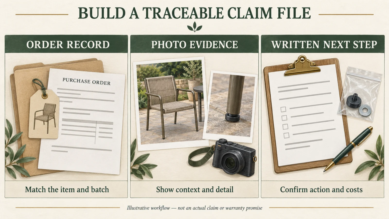Conceptual warranty claim file showing an order folder, full-chair and leg-detail photo cards, and a written action checklist with spare components