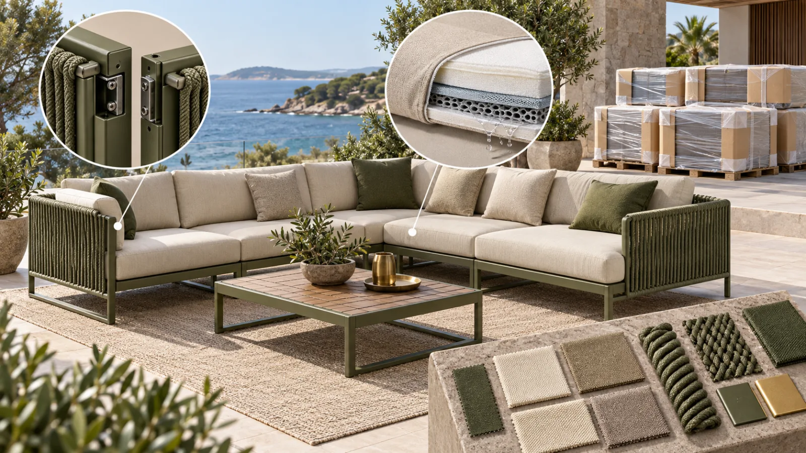 Procurement illustration of a modular outdoor sofa with connector detail, cushion drainage section, material samples and export packing