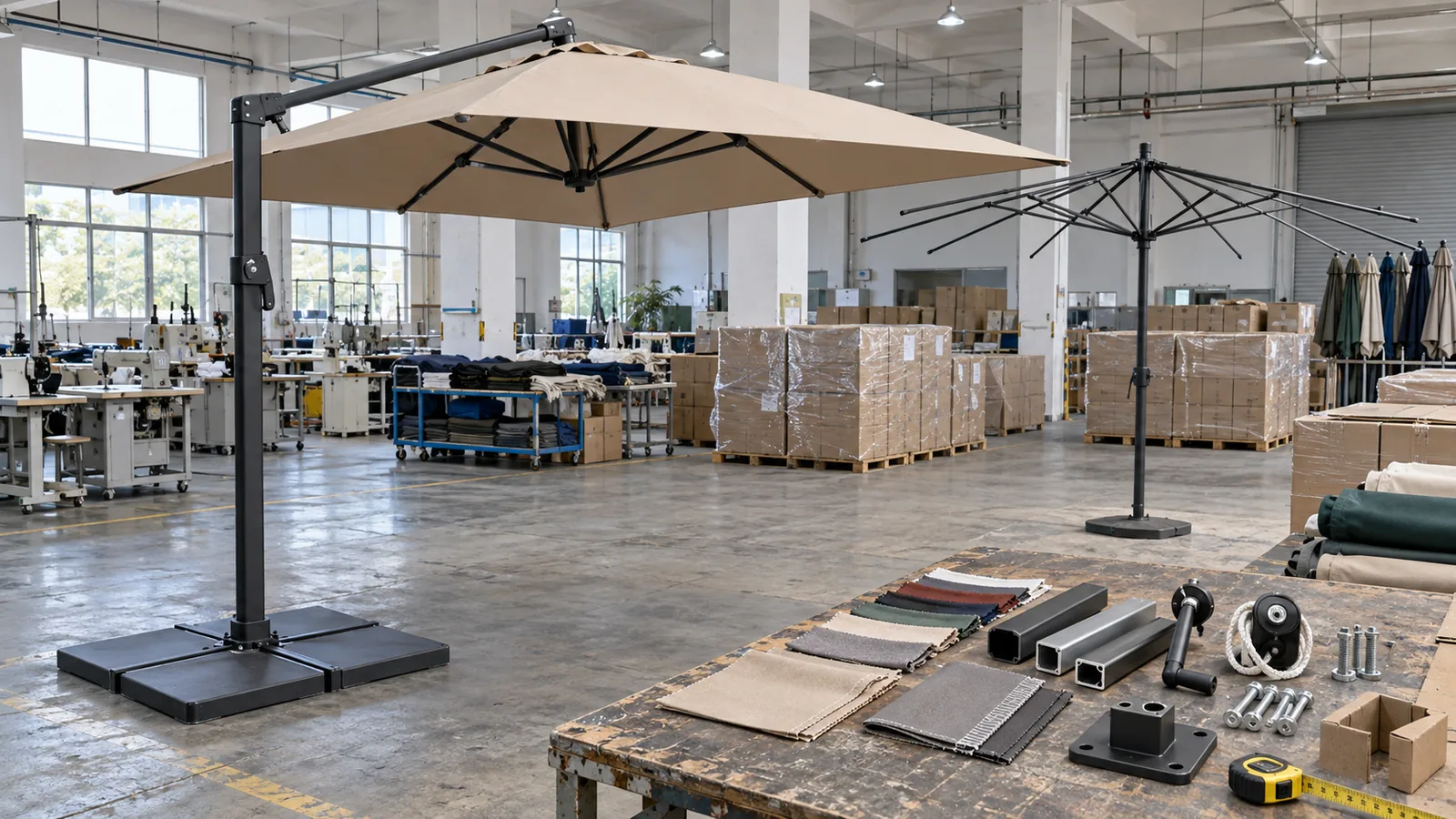 Patio umbrella manufacturer inspection with cantilever canopy, exposed ribs, mast sections, crank and pulley parts, fabric samples, base and packing protection