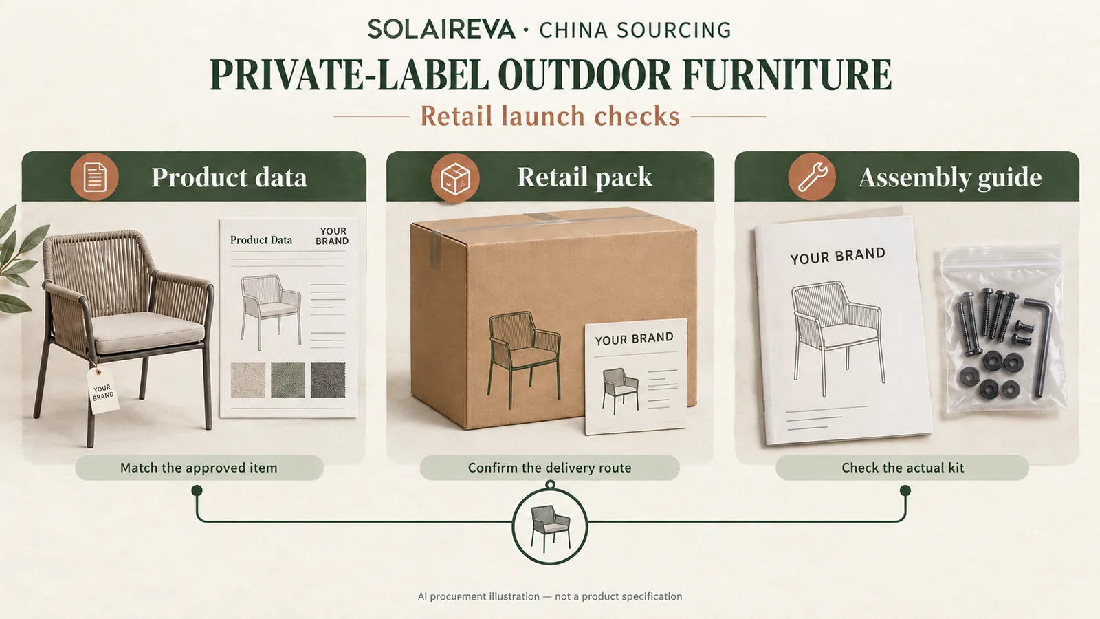 AI retail launch checklist showing generic outdoor furniture, YOUR BRAND product data, a retail carton and assembly guide with a hardware bag