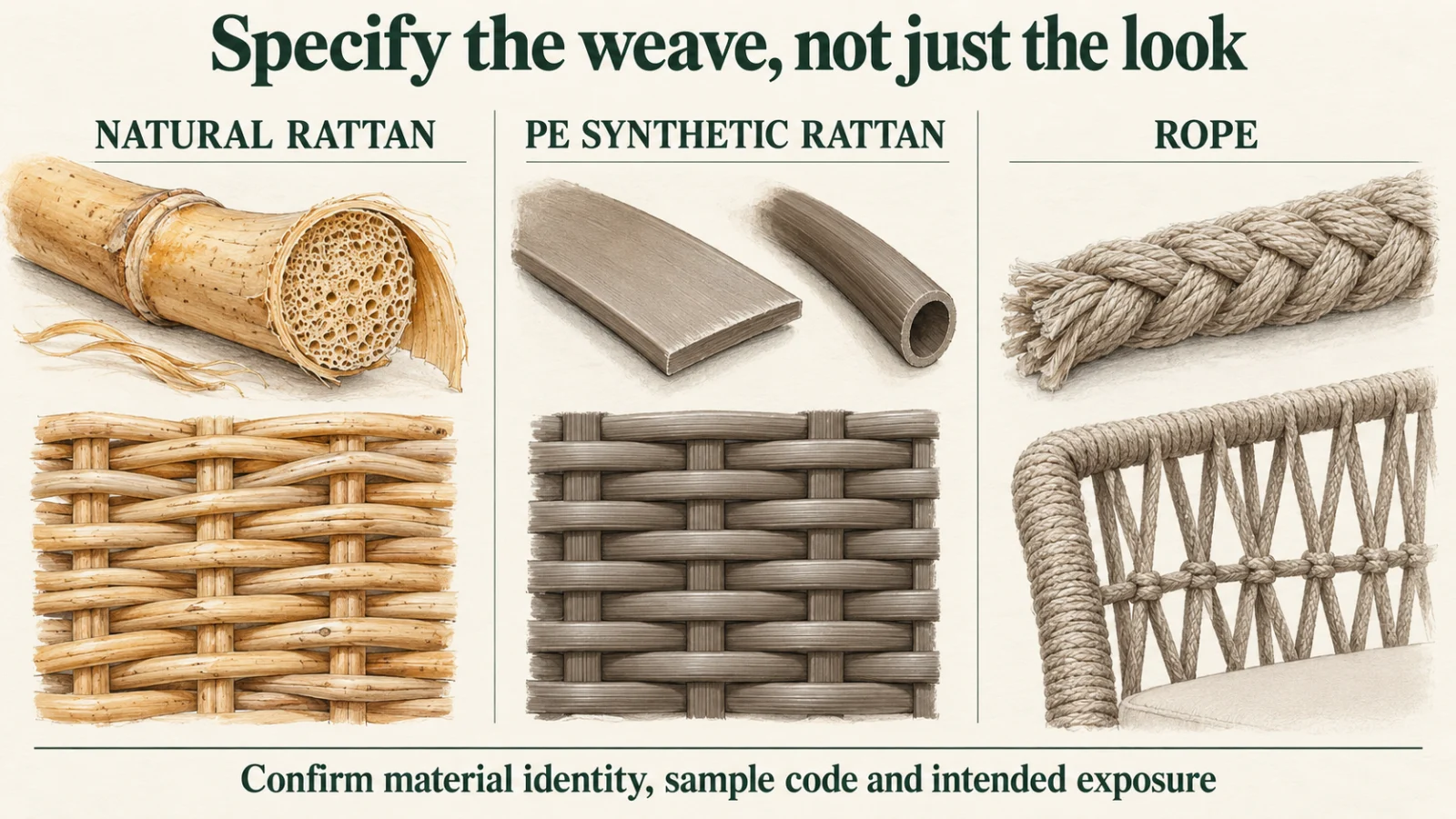 Conceptual material comparison showing natural rattan cane, synthetic PE wicker profiles and braided rope with different woven samples