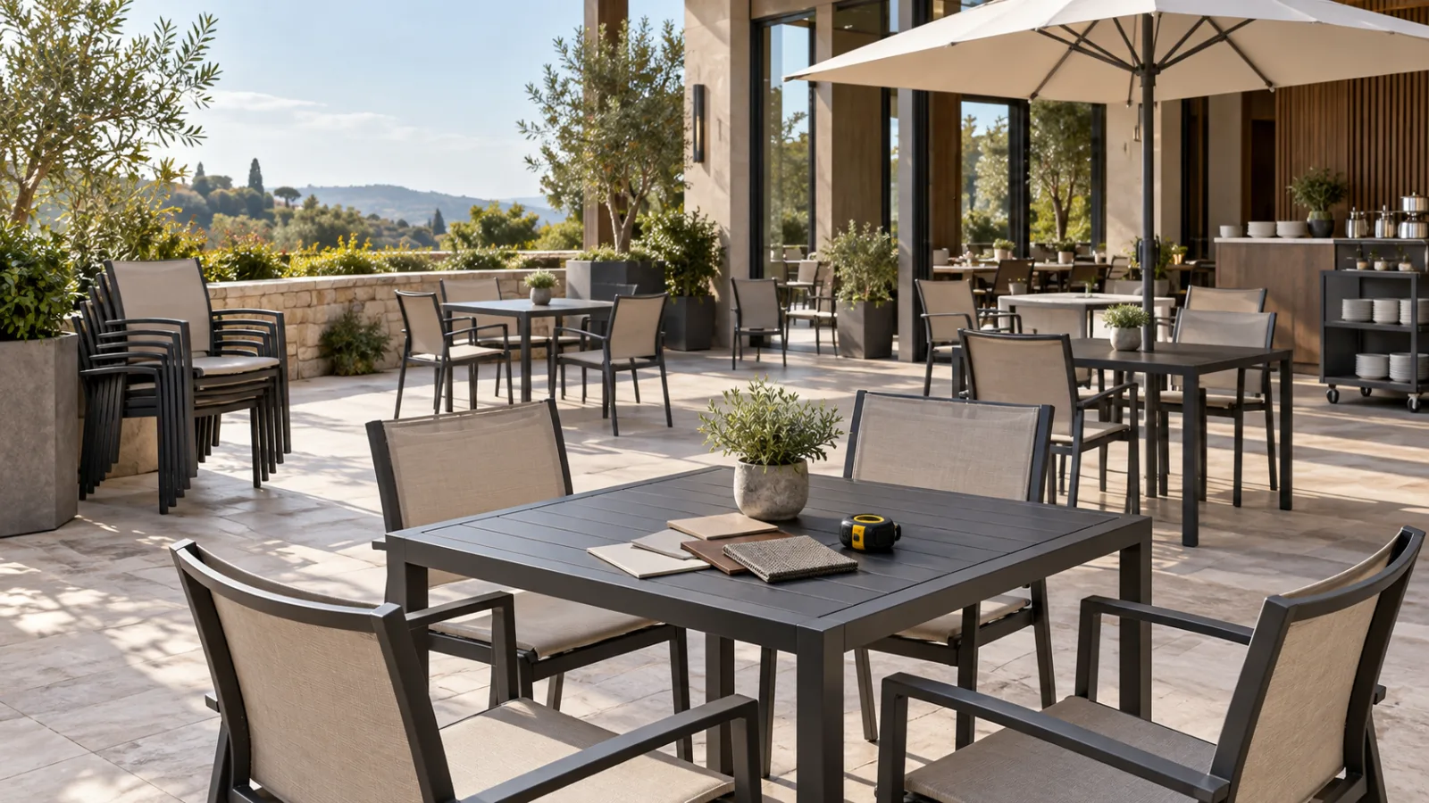Illustrative commercial restaurant patio with aluminum dining tables, stackable chairs and material samples for procurement planning