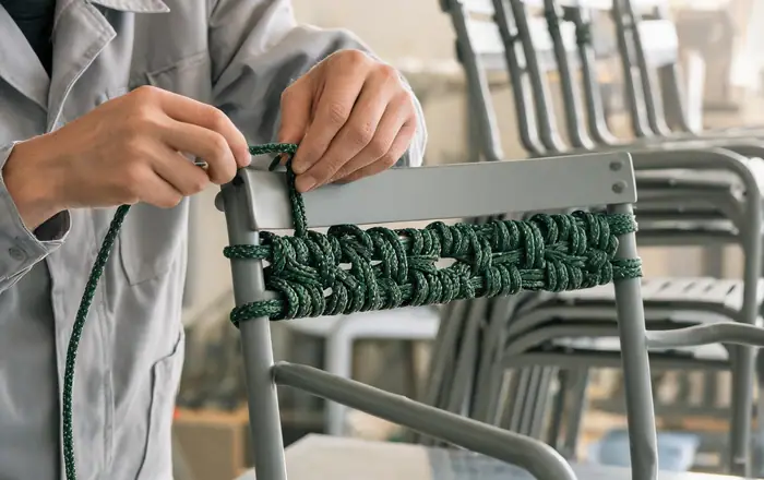 Hands weaving green rope around the metal back frame of an outdoor dining chair, with additional frames behind