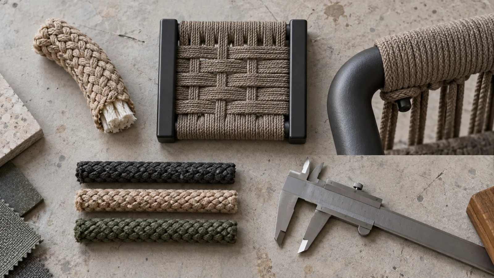 Illustrated procurement samples showing braided rope core, a woven frame panel, three rope colours and a frame attachment detail