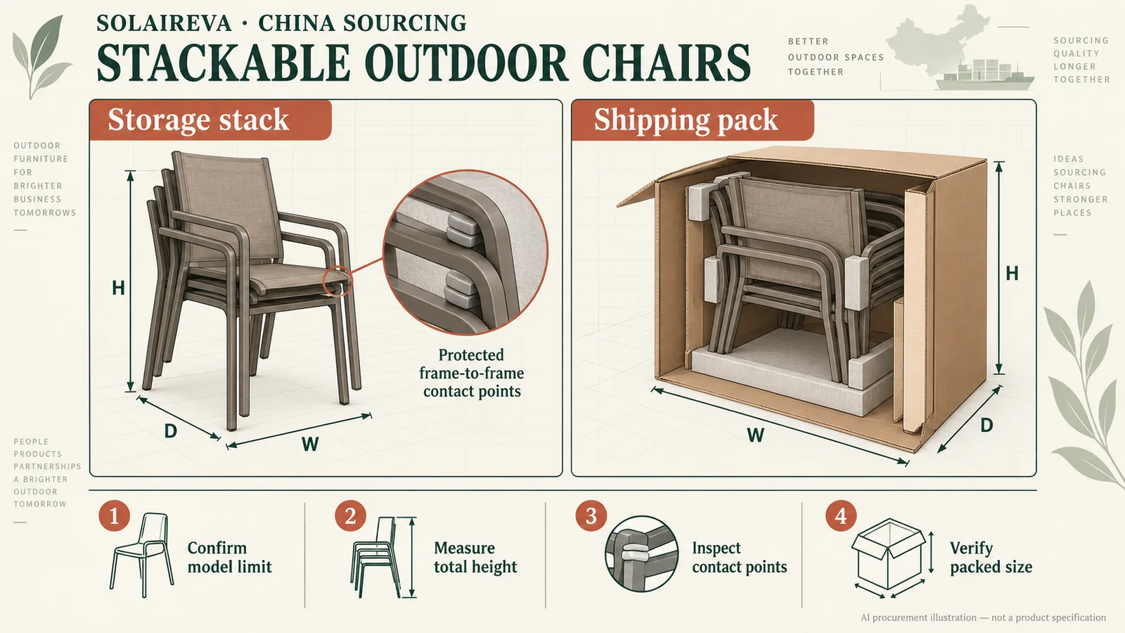 AI procurement illustration of a generic outdoor chair storage stack, protected frame contact points and a separate carton shipping pack with dimension checks