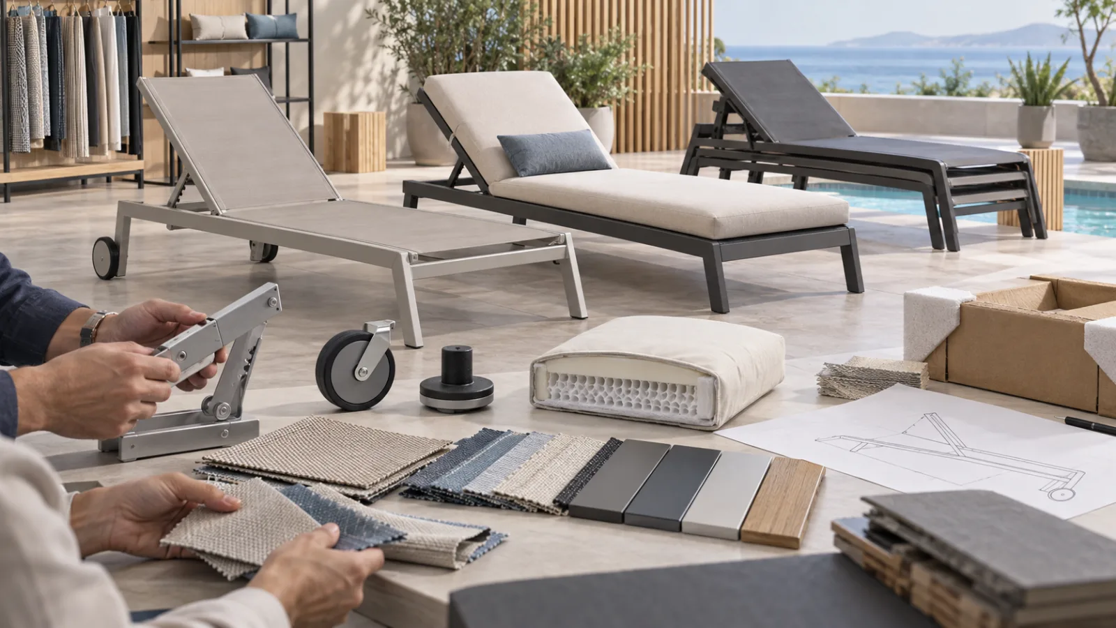 Illustrative China sun lounger manufacturer evaluation with adjustable loungers, wheel and backrest samples, fabrics and packing protection