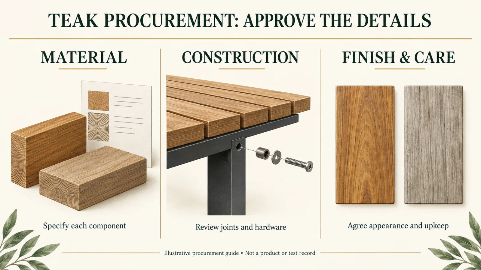 Conceptual teak procurement illustration showing wood samples, a slatted top and metal support, and warm-brown versus weathered-grey appearance swatches