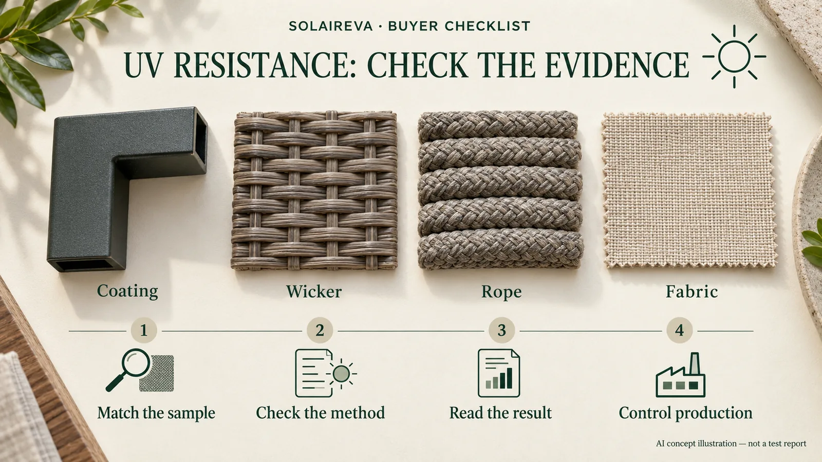 AI concept illustration of coating, wicker, rope and fabric samples, followed by sample identity, test method, result and production-control checks