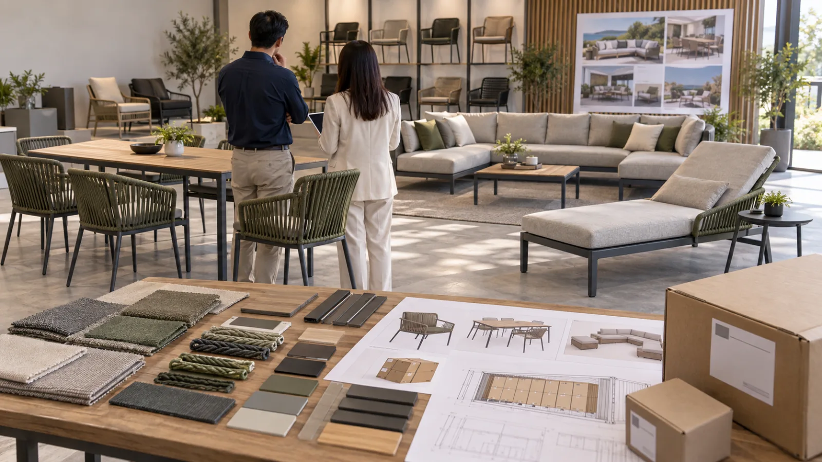 Illustrative wholesale outdoor furniture supplier review with a coordinated collection, material samples, cartons and container loading plan